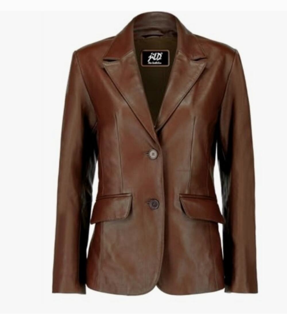 Jild Womens Brown Long Sleeve Classic Lambskin Leather Blazer Jacket Size XL